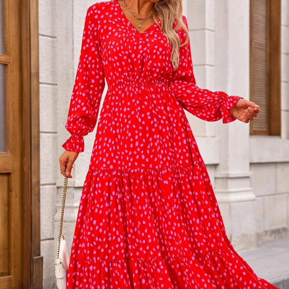 Floral Print V-Neck Midi Dress | Long Sleeve Elastic Waist Dress(MS271)
