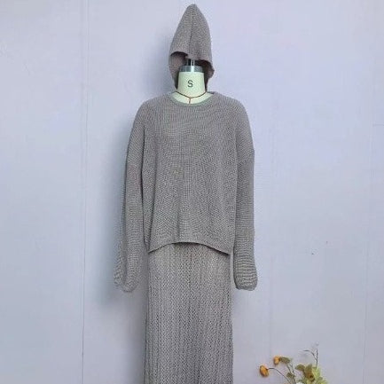 Relaxed Knit Top, Maxi Skirt & Triangle Scarf Set(MS545)