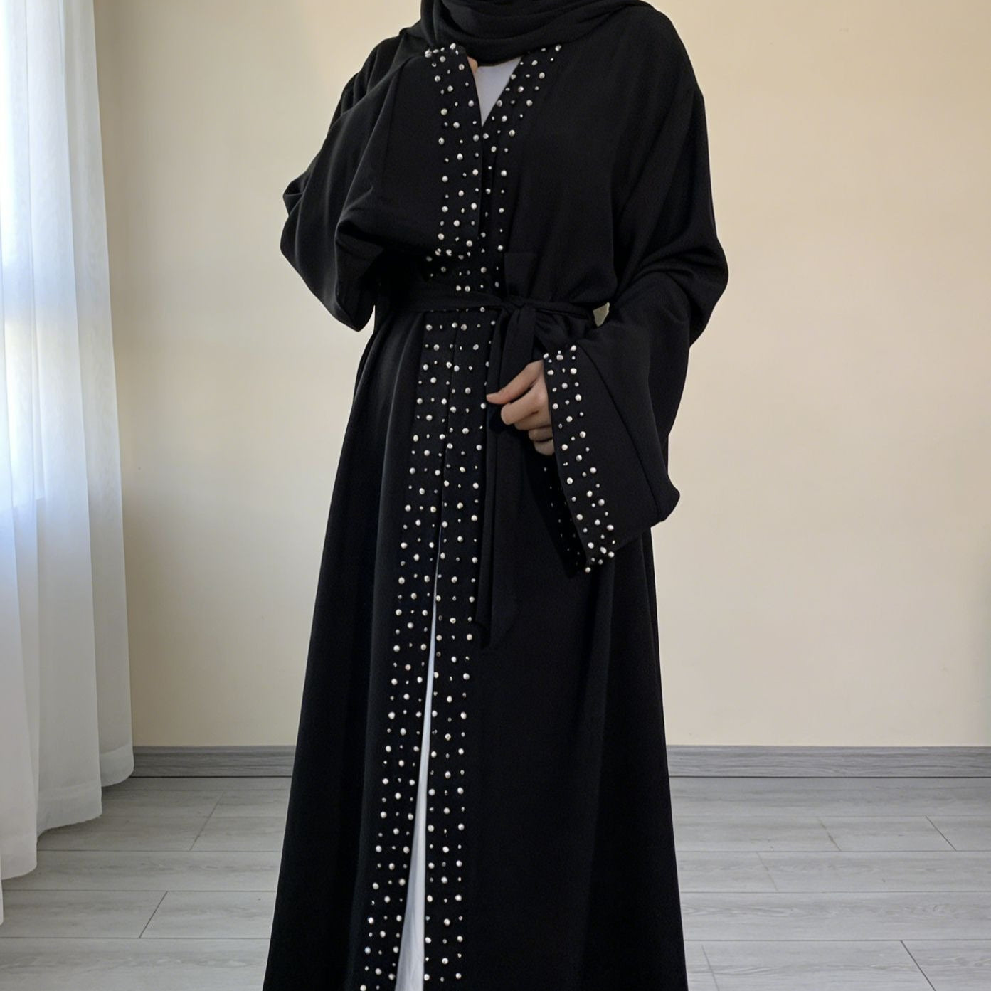 Metal Stud Trim Open-Front Abaya(MOA274)
