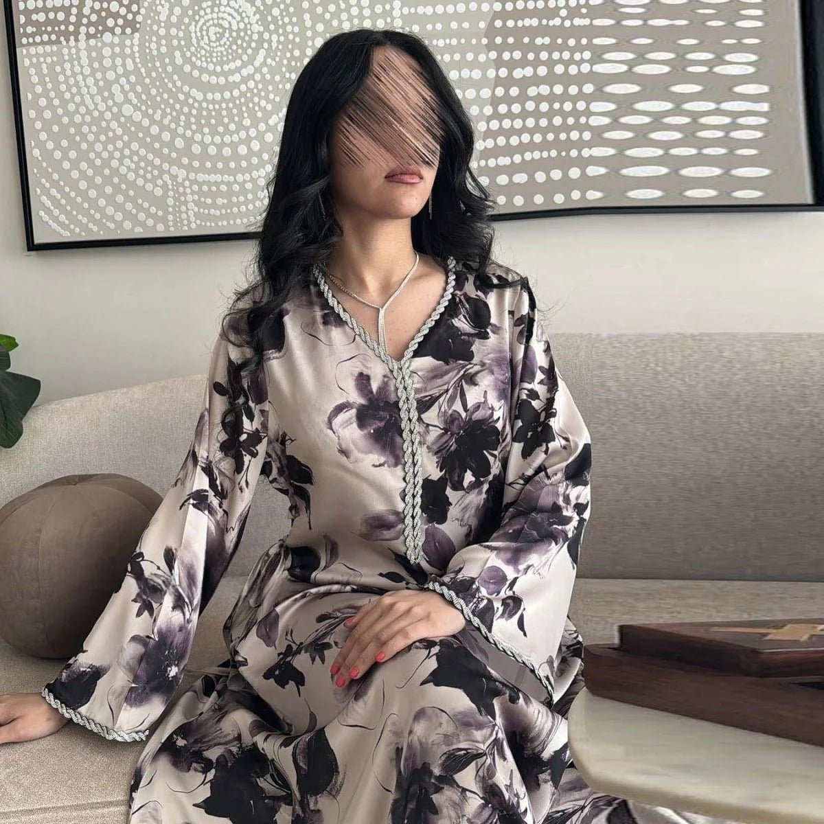 Abaya WIth Printed Design | Fashion Abaya With Diamonds (MA156) - Mariam's Collection