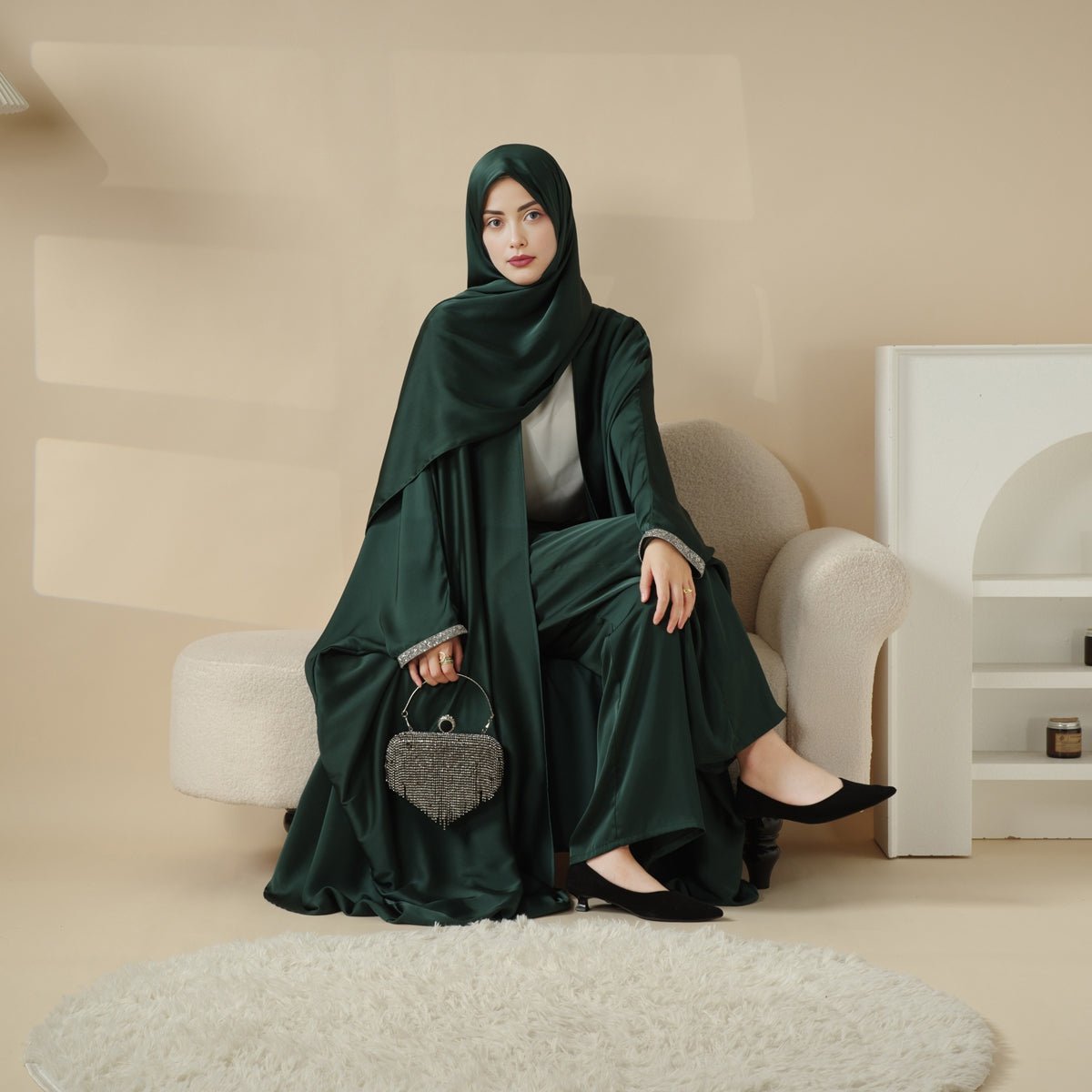 Abaya With Satin Shirt And Rhinestone Trousers | 4 - Piece Set Abaya (MOA060) - Mariam's Collection
