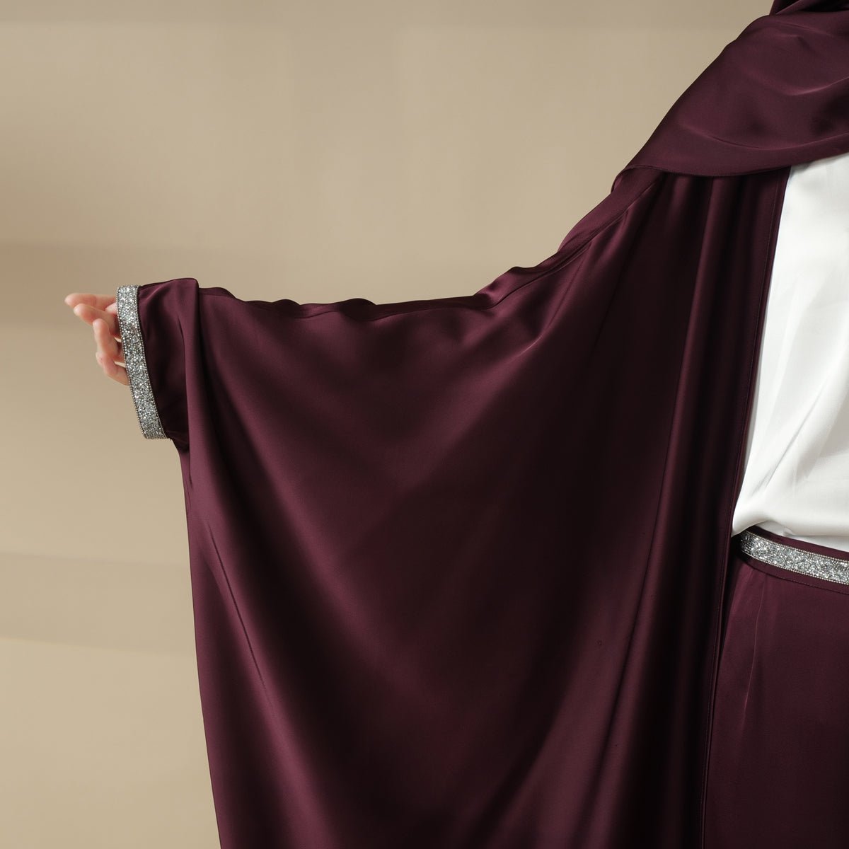 Abaya With Satin Shirt And Rhinestone Trousers | 4 - Piece Set Abaya (MOA060) - Mariam's Collection