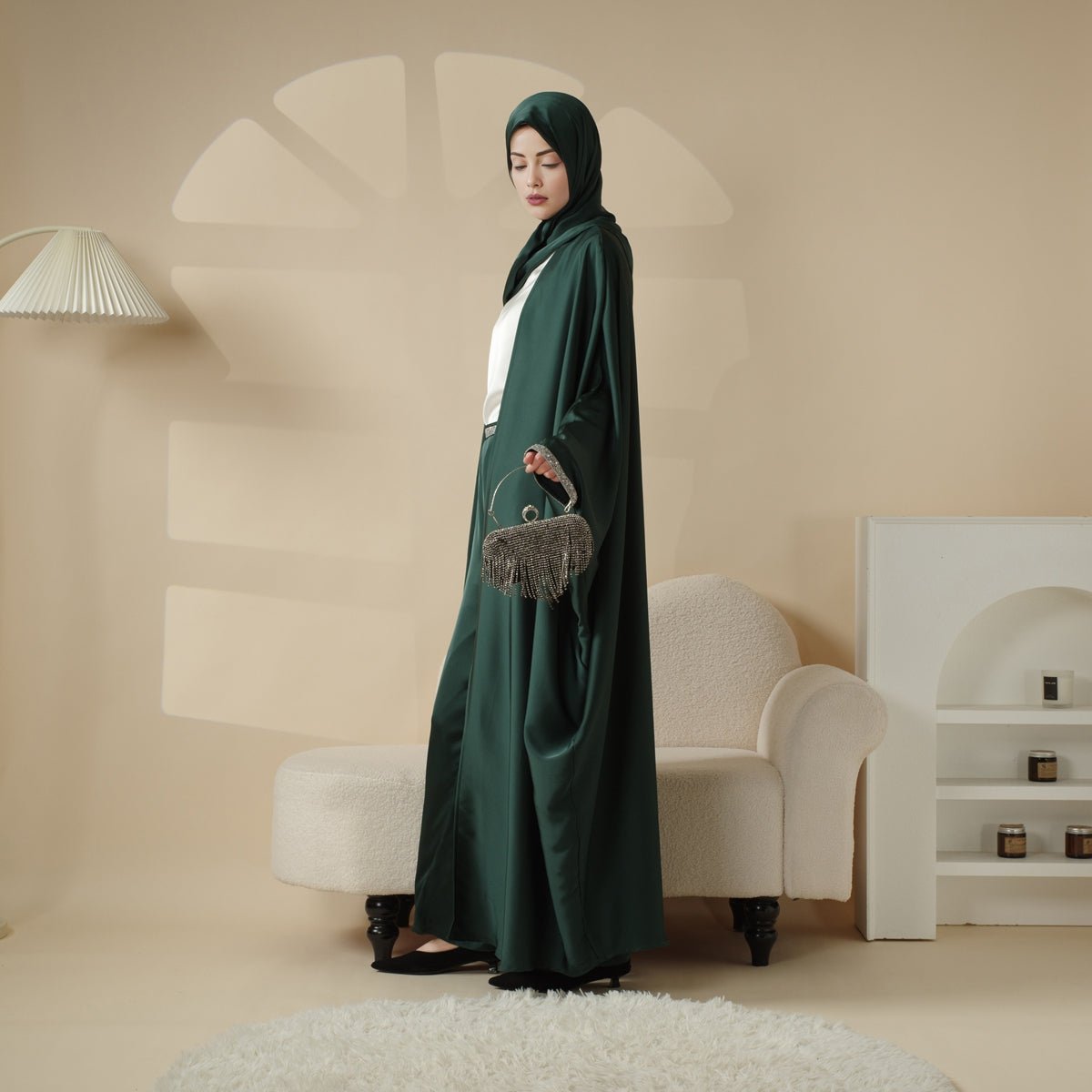 Abaya With Satin Shirt And Rhinestone Trousers | 4 - Piece Set Abaya (MOA060) - Mariam's Collection