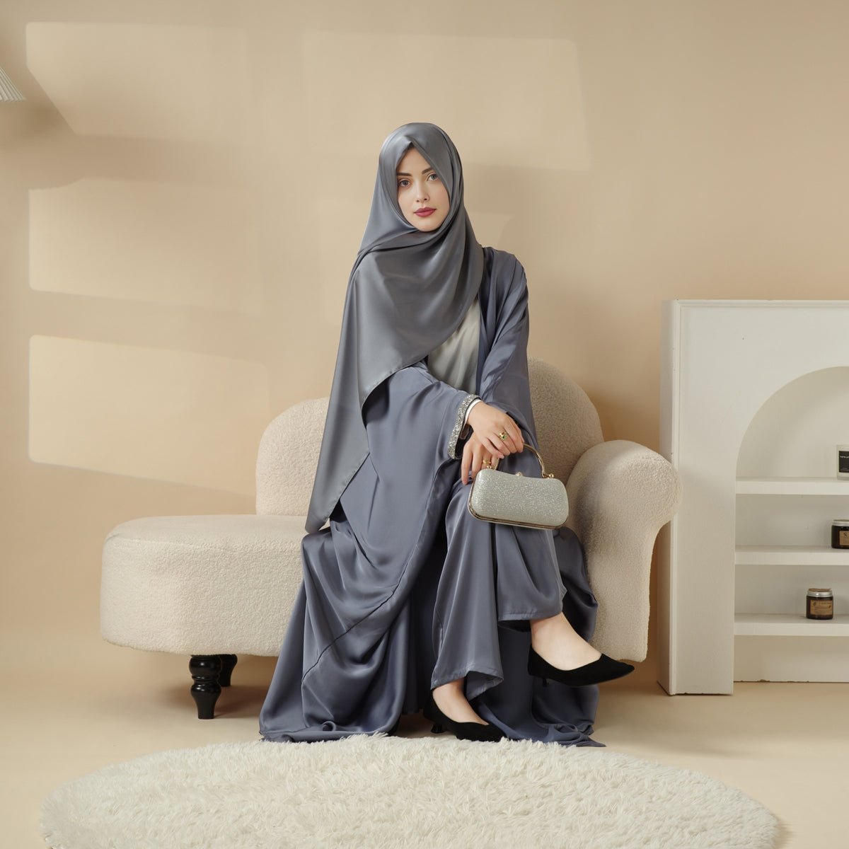 Abaya With Satin Shirt And Rhinestone Trousers | 4 - Piece Set Abaya (MOA060) - Mariam's Collection
