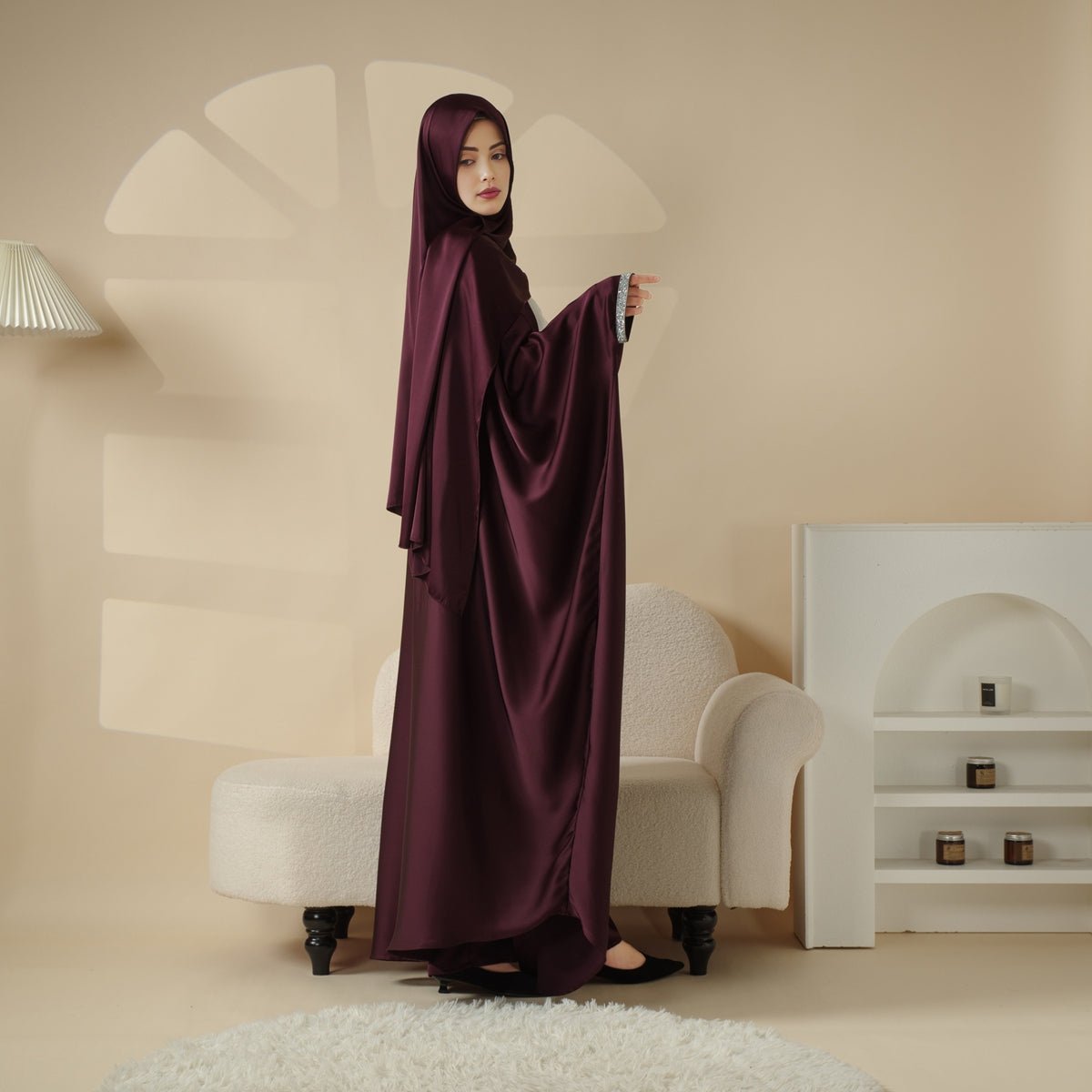 Abaya With Satin Shirt And Rhinestone Trousers | 4 - Piece Set Abaya (MOA060) - Mariam's Collection