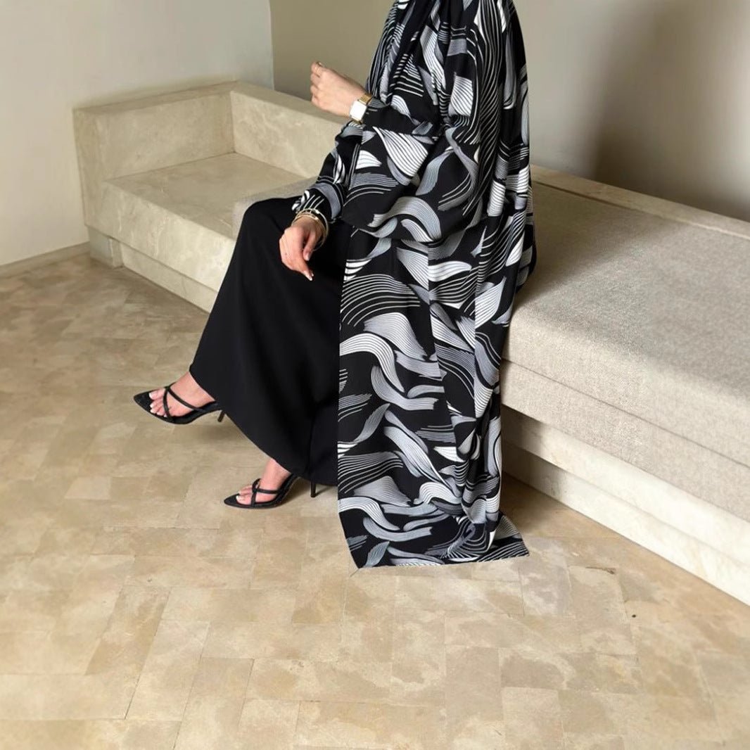 Abstract Wave Print Kimono Abaya | Oversized Open-Front Cardigan Abaya