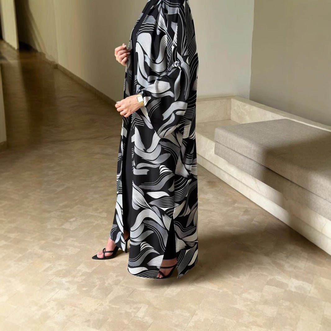 Abstract Wave Print Kimono Abaya | Oversized Open - Front Cardigan(MOA265) - Mariam's Collection