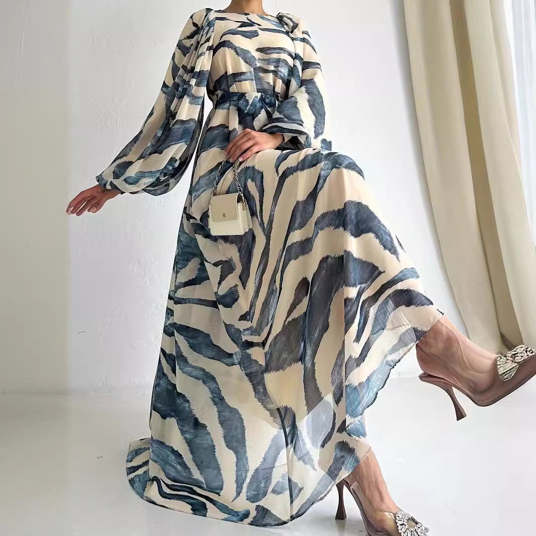 Abstract Zebra Print Chiffon Dress with Tie Belt