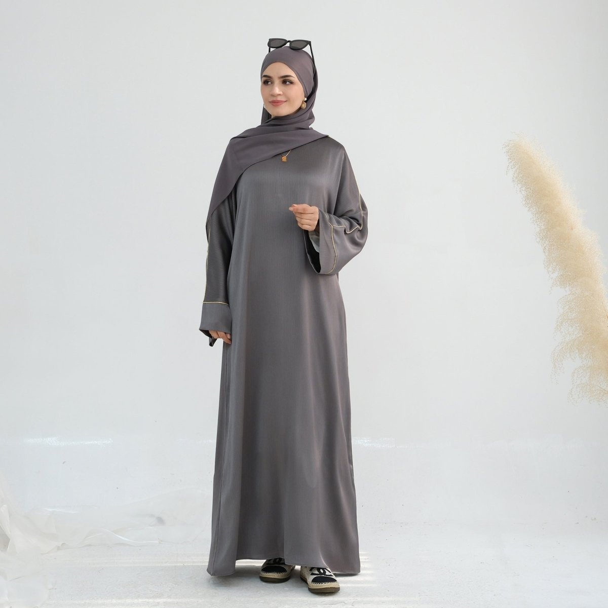 Acetate Crinkle Solid Color Round Neck Abaya Set(MA307) - Mariam's Collection