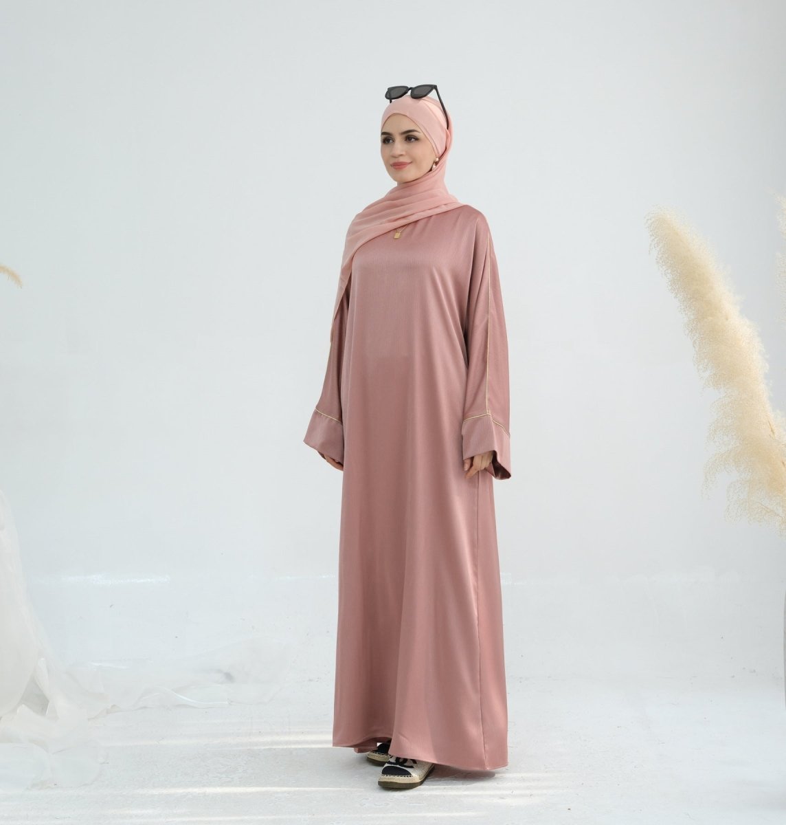 Acetate Crinkle Solid Color Round Neck Abaya Set(MA307) - Mariam's Collection