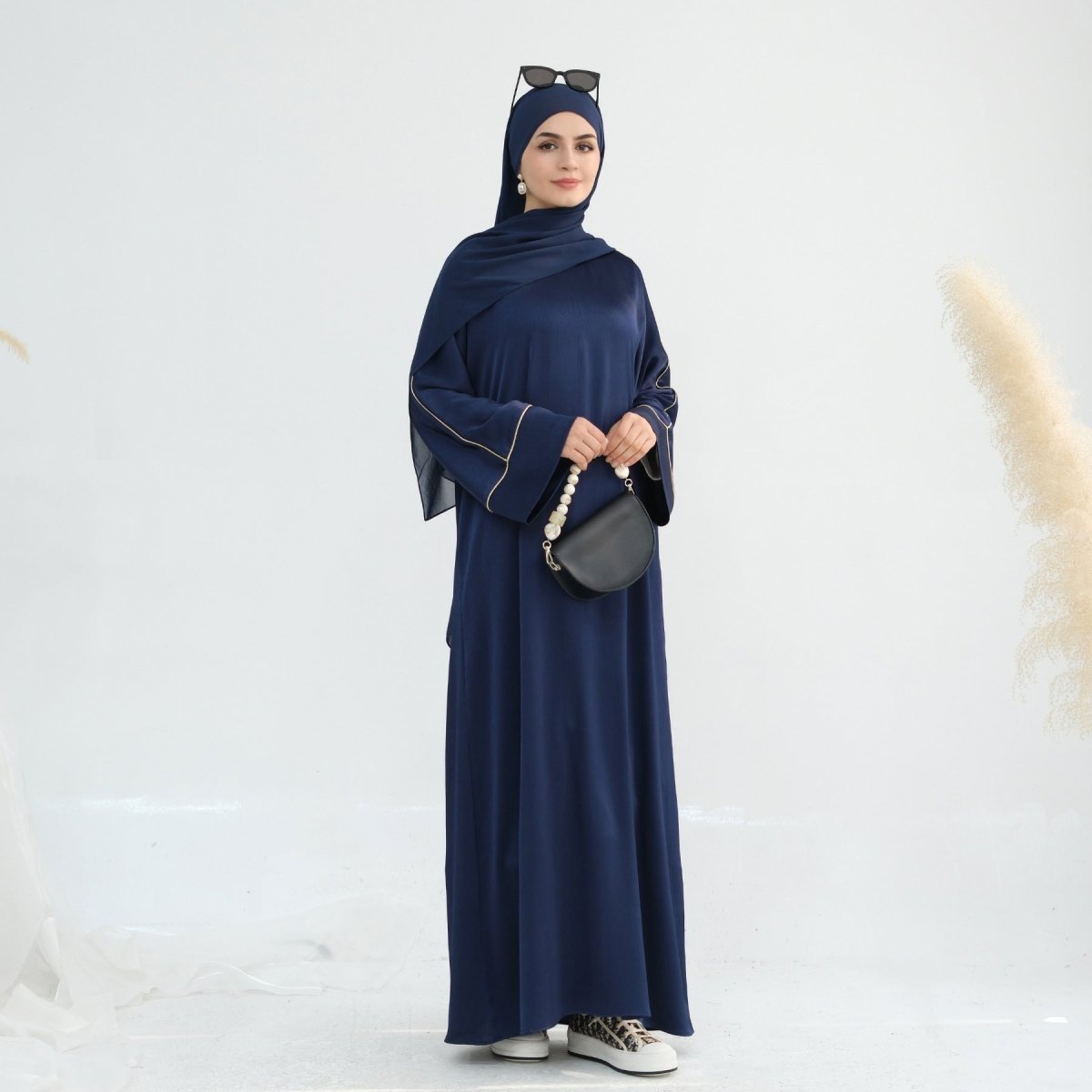 Acetate Crinkle Solid Color Round Neck Abaya Set(MA307) - Mariam's Collection