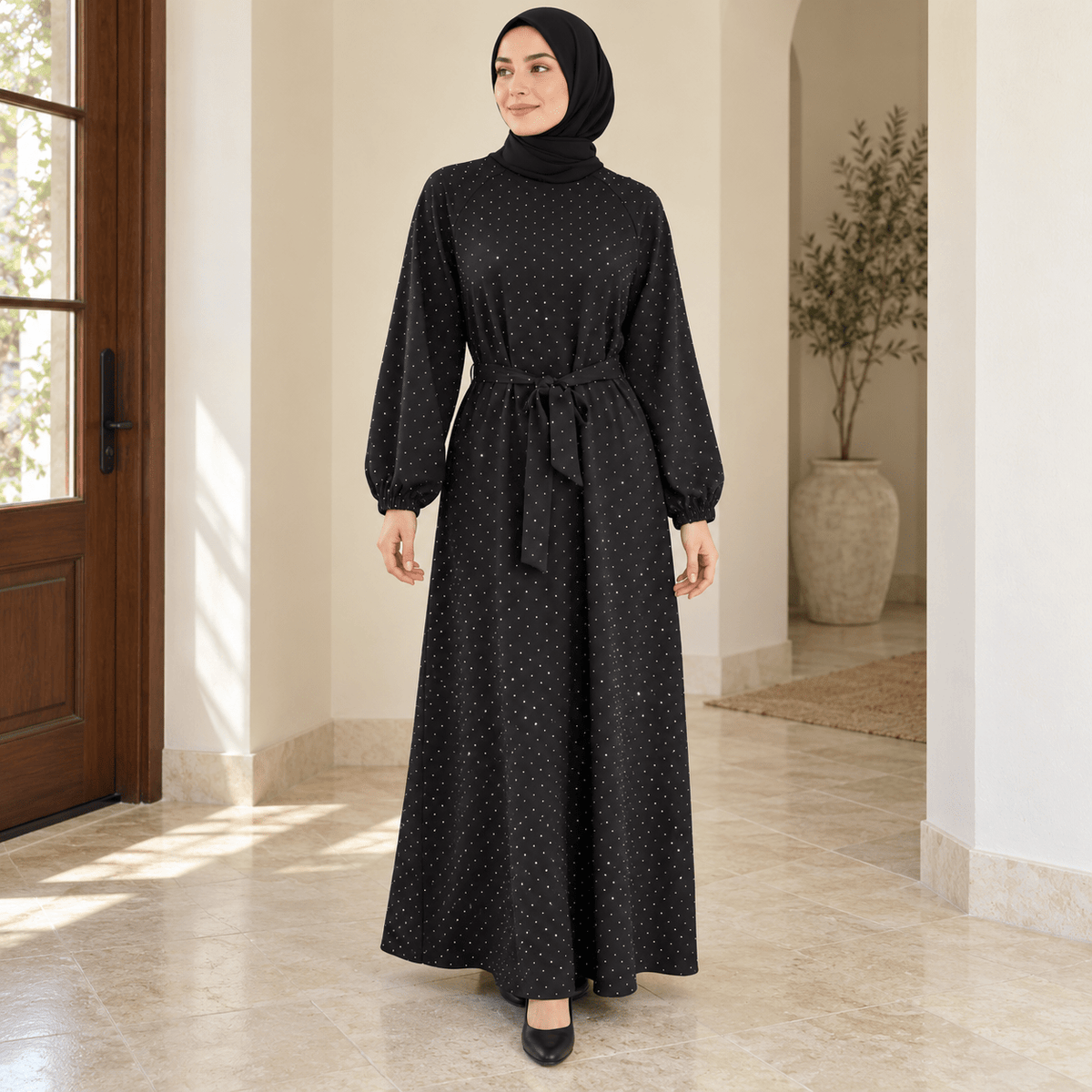 All-Over Rhinestone Maxi Dress | Belted Puff-Sleeve Modest Dress(MS583) - Mariam's Collection