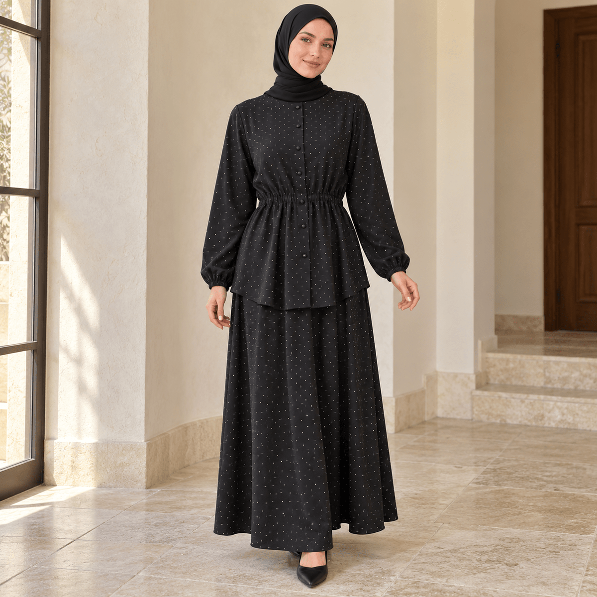 All-Over Rhinestone Top & Maxi Skirt Set | Modest Two-Piece Outfit(MS584) - Mariam's Collection