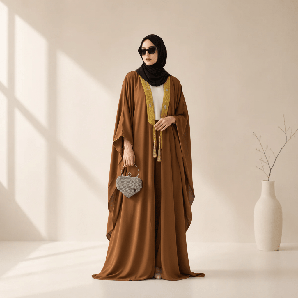 Archive Piece Gold Geometric Embroidered Batwing Open Abaya - MP056 (Size L Only) - Mariam's Collection