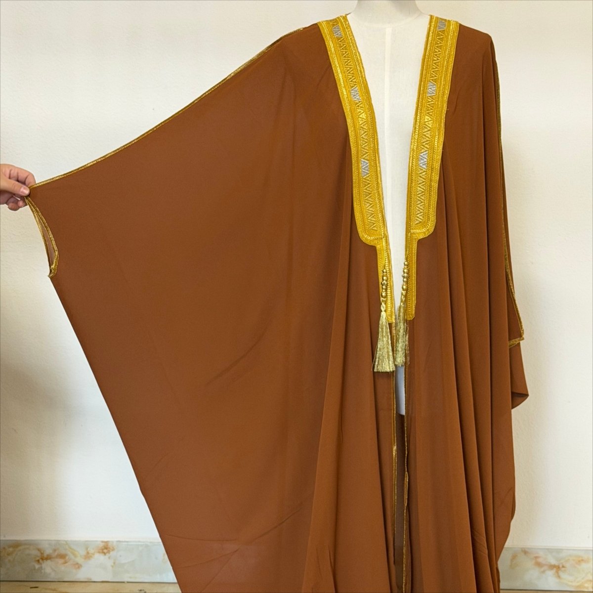 Archive Piece Gold Geometric Embroidered Batwing Open Abaya - MP056 (Size L Only) - Mariam's Collection