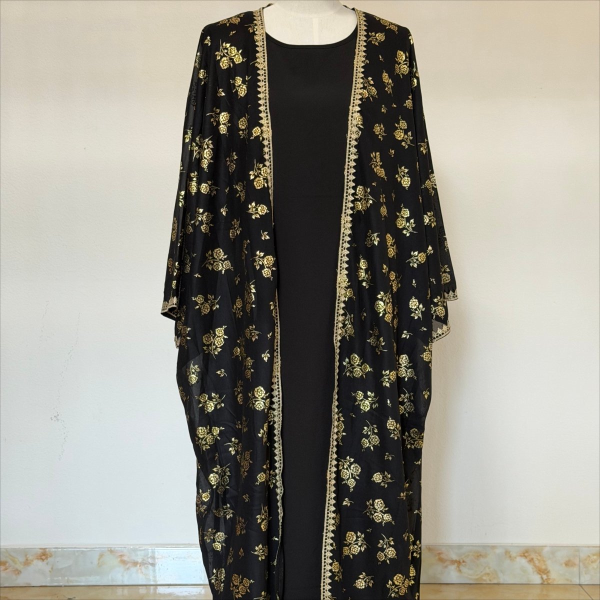 Archive Piece Gold Rose Print Lace-Trim Open Abaya Set - MP053 (Size L Only) - Mariam's Collection