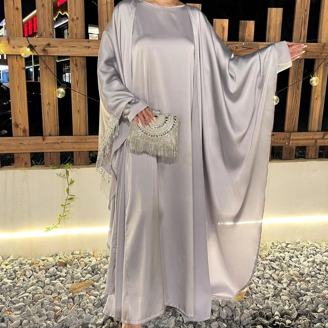 Archive Piece Lace Trimmed Fringed Butterfly Satin Open Abaya 2-Piece Set - MP041 (Size S Only) - Mariam's Collection