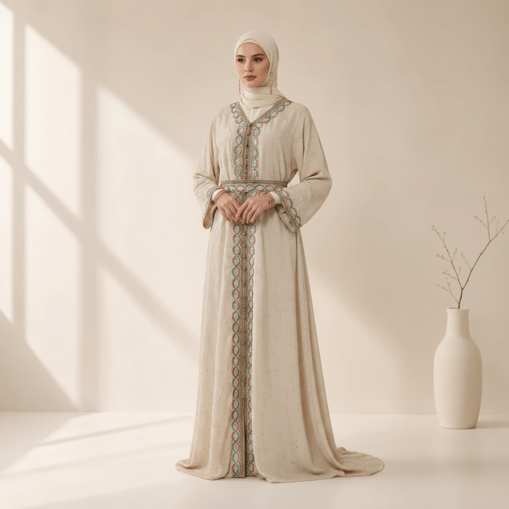 Archive Piece Moroccan Embroidered Trim Kaftan with Waist Belt - MP058 (Size Free Size Only) - Mariam's Collection
