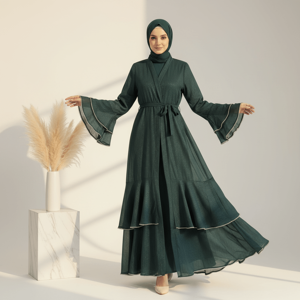 Archive Piece Shimmer Crepe Open Abaya & Belt Set - MP013 (Size M Only) - Mariam's Collection