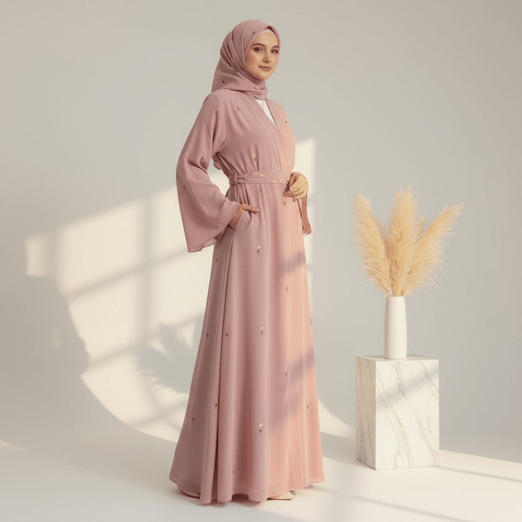 Archive Piece Tulip Embroidered Nida Abaya 4-Piece Set - MP024 (Size M Only) - Mariam's Collection