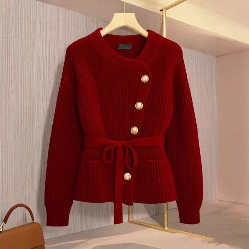 Asymmetric Belted Knit Cardigan | Korean Style Button - Front Sweater(MS201) - Mariam's Collection