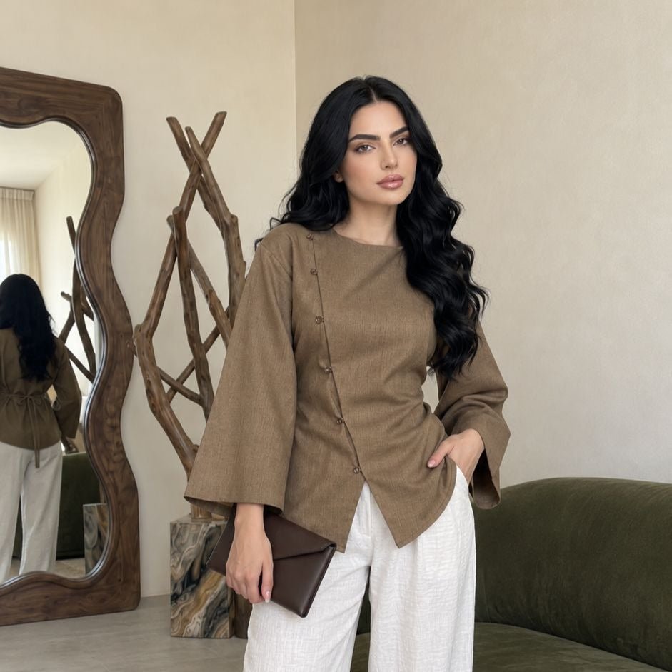 Asymmetric Button Long-Sleeve Top(MS557) - Mariam's Collection