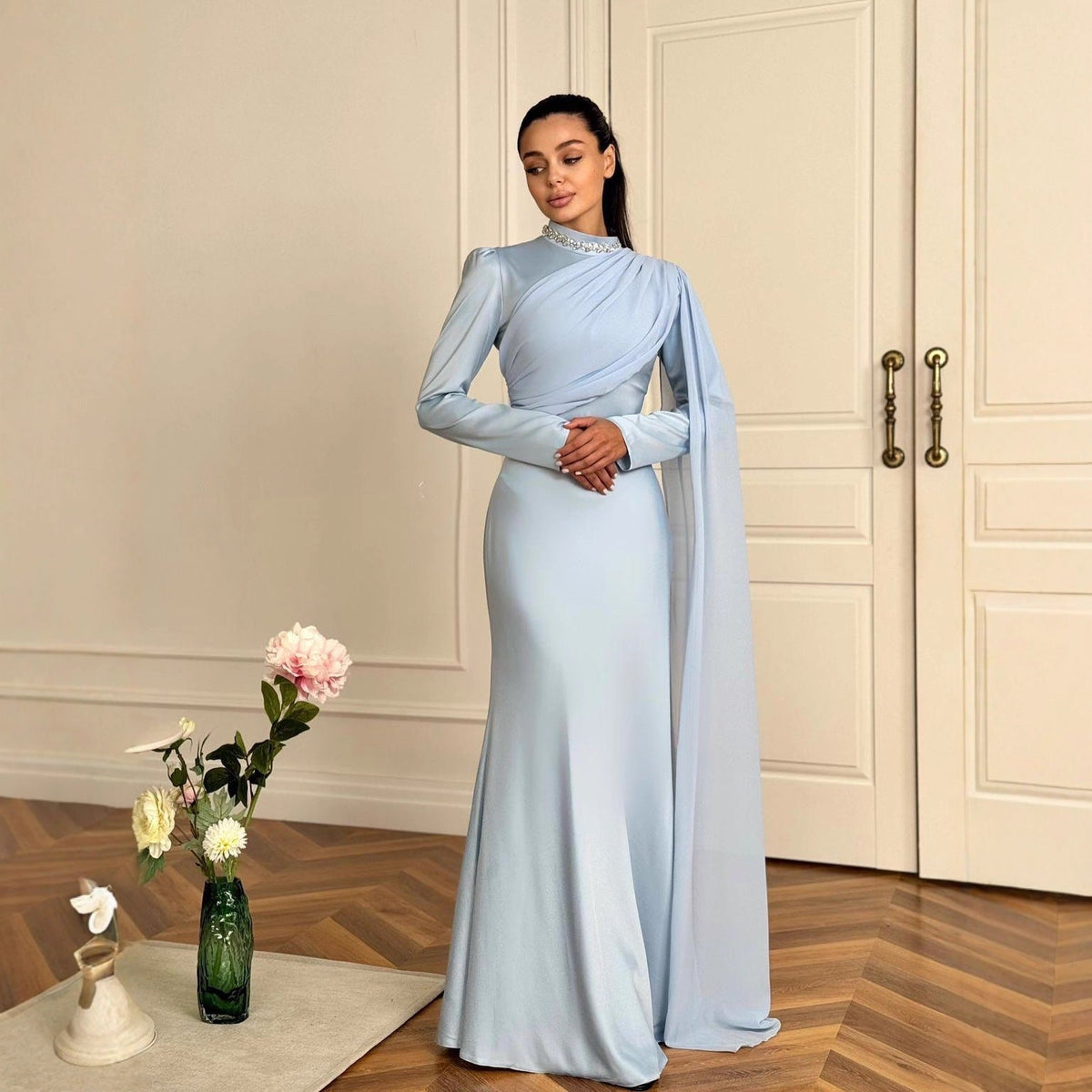 Asymmetric Cape-Sleeve Evening Gown | Rhinestone High-Neck Maxi Dress(MS580) - Mariam's Collection