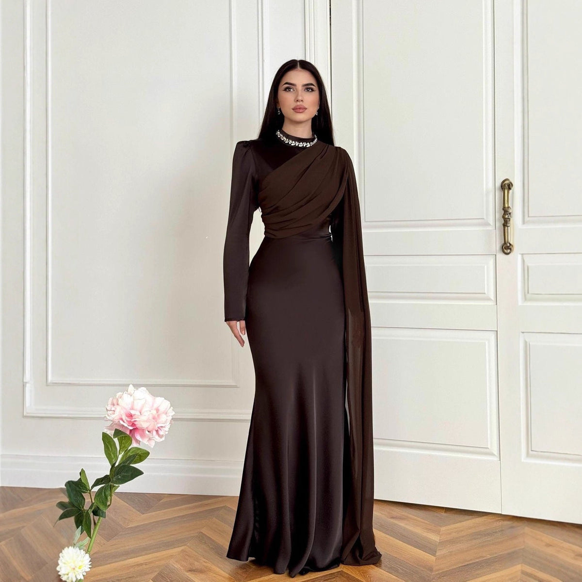 Asymmetric Cape-Sleeve Evening Gown | Rhinestone High-Neck Maxi Dress(MS580) - Mariam's Collection