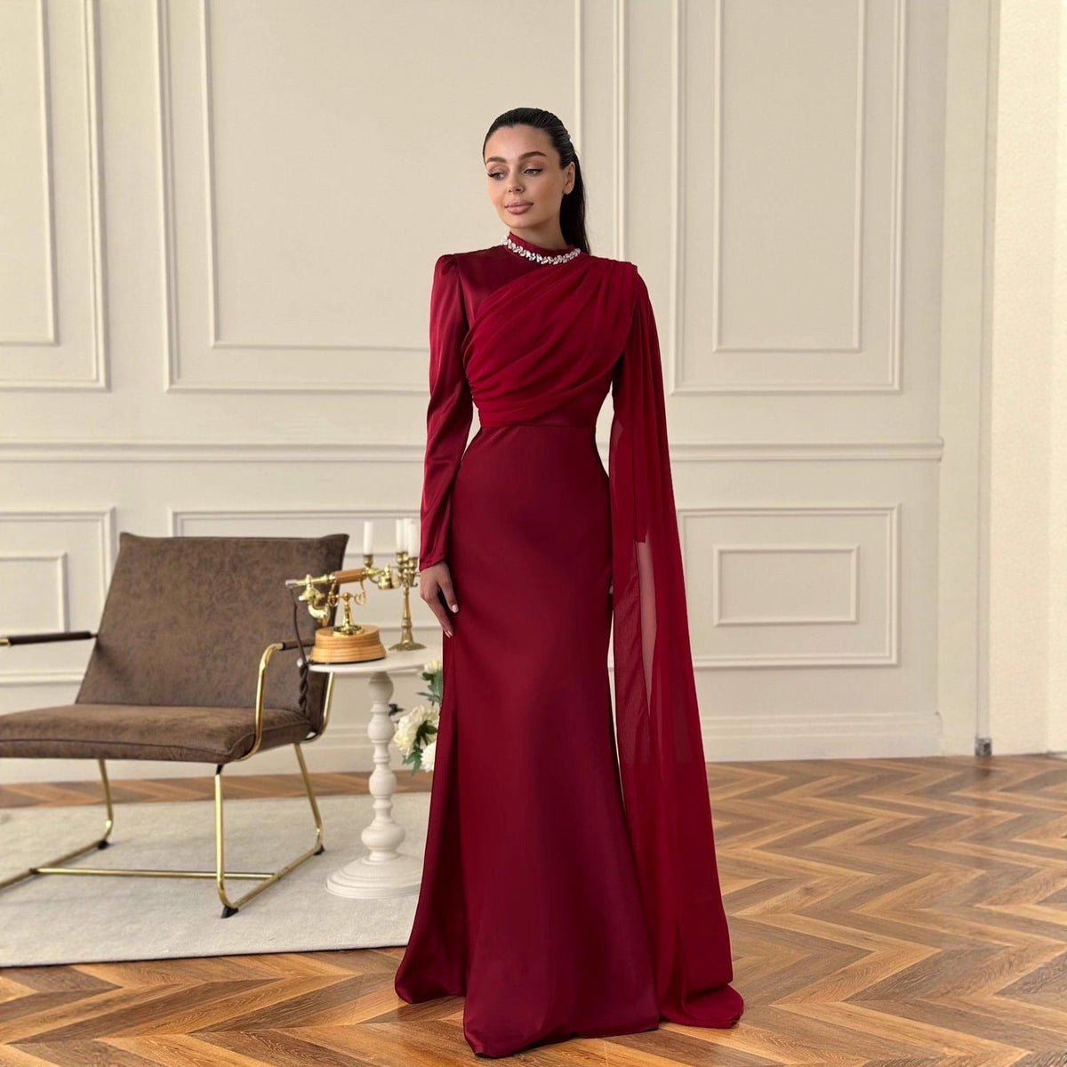 Asymmetric Cape-Sleeve Evening Gown | Rhinestone High-Neck Maxi Dress(MS580) - Mariam's Collection