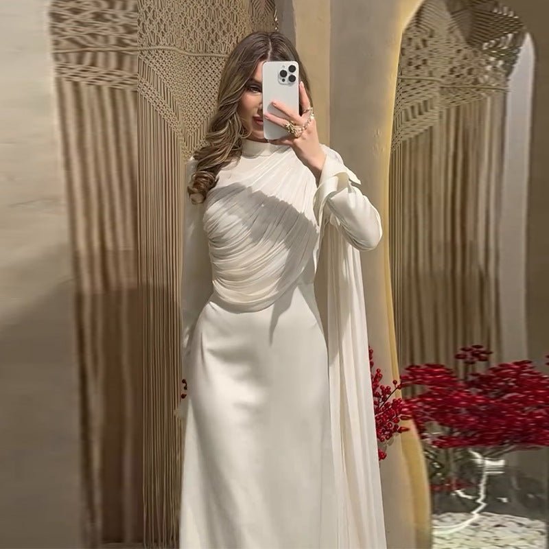 Asymmetric Draped White Evening Gown | Ruched Cape Sleeve Maxi Dress(MA354) - Mariam's Collection