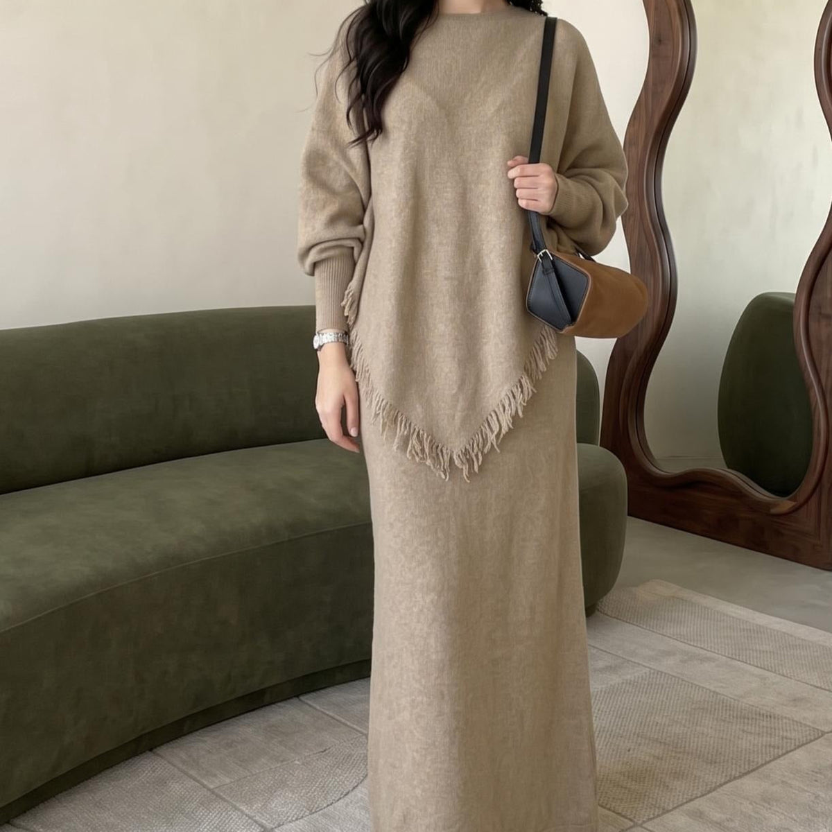 Asymmetric Fringe Knit Top & Maxi Skirt Set | Modest Two-Piece Outfit(MS581) - Mariam's Collection