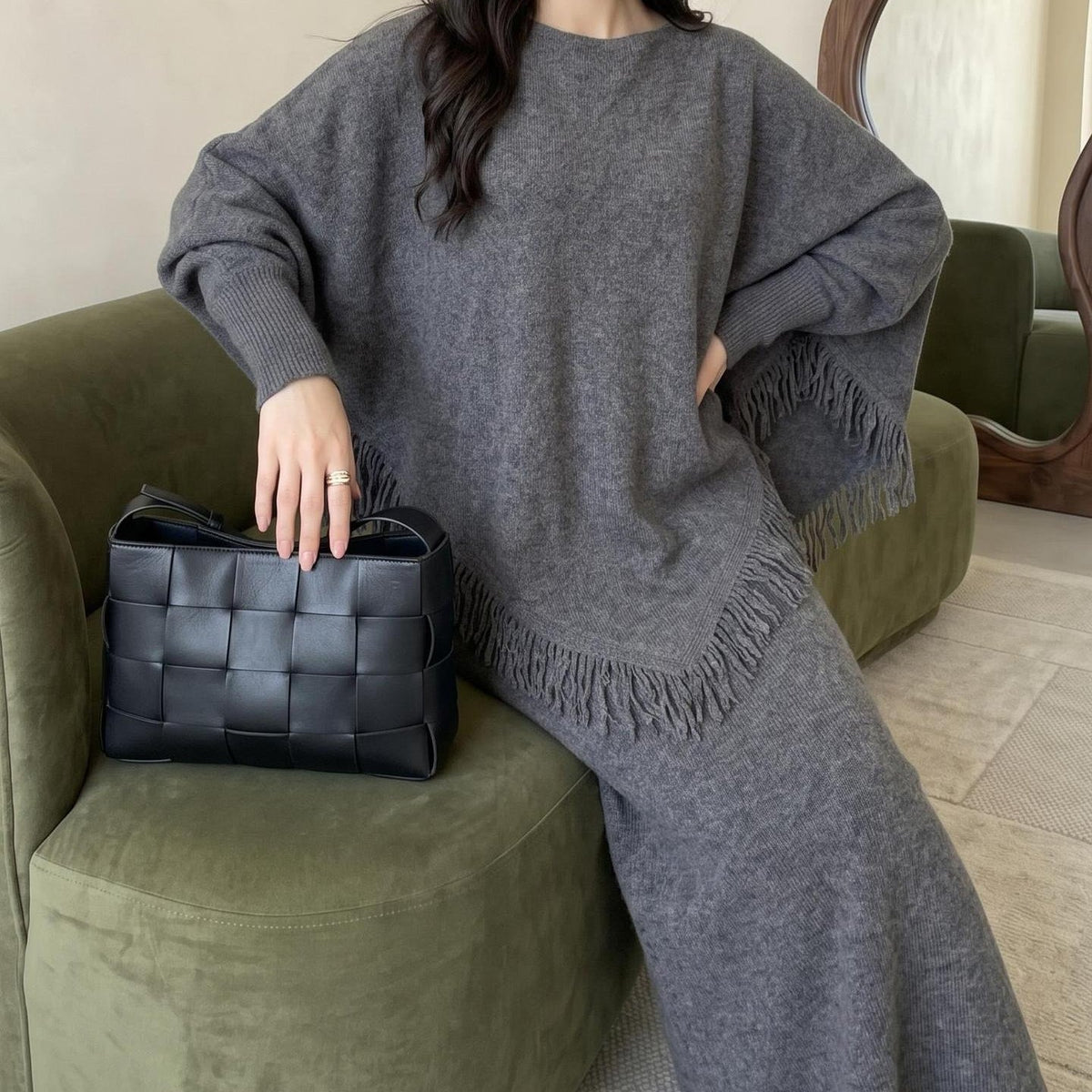 Asymmetric Fringe Knit Top & Maxi Skirt Set | Modest Two-Piece Outfit(MS581) - Mariam's Collection