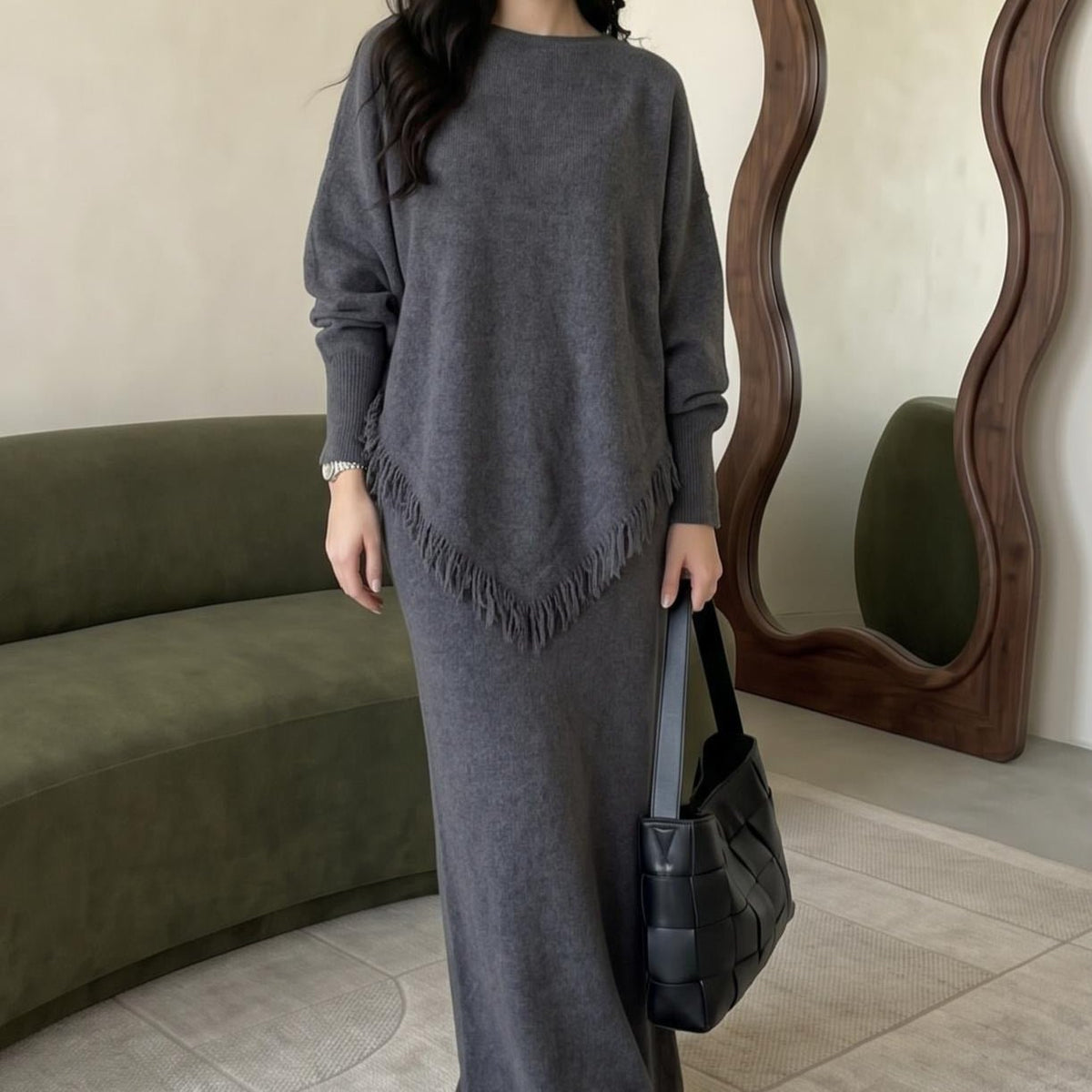 Asymmetric Fringe Knit Top & Maxi Skirt Set | Modest Two-Piece Outfit(MS581) - Mariam's Collection