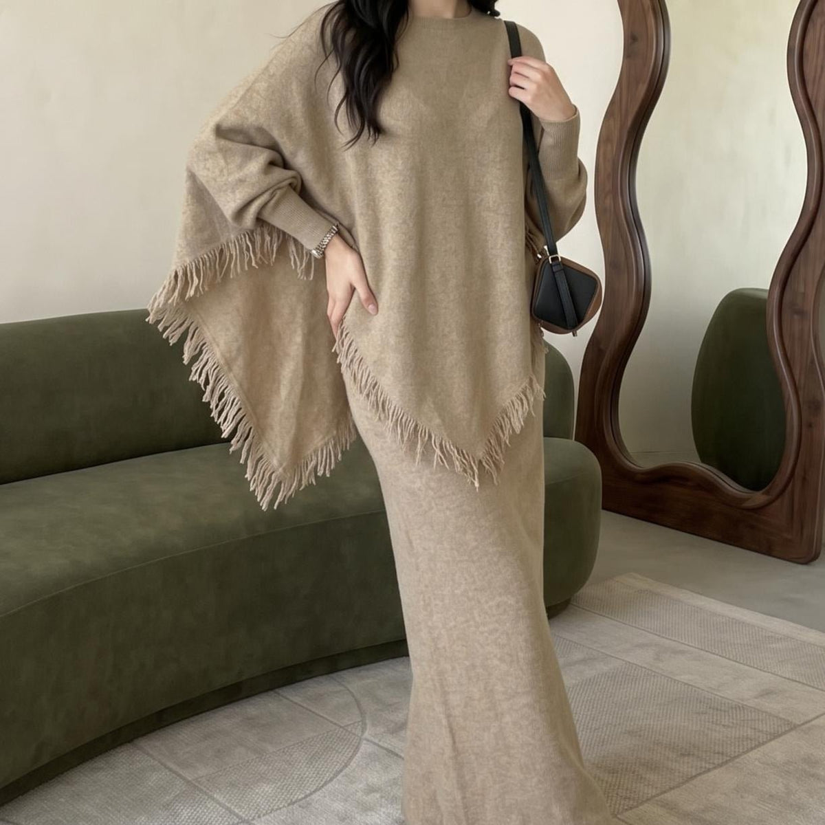 Asymmetric Fringe Knit Top & Maxi Skirt Set | Modest Two-Piece Outfit(MS581) - Mariam's Collection