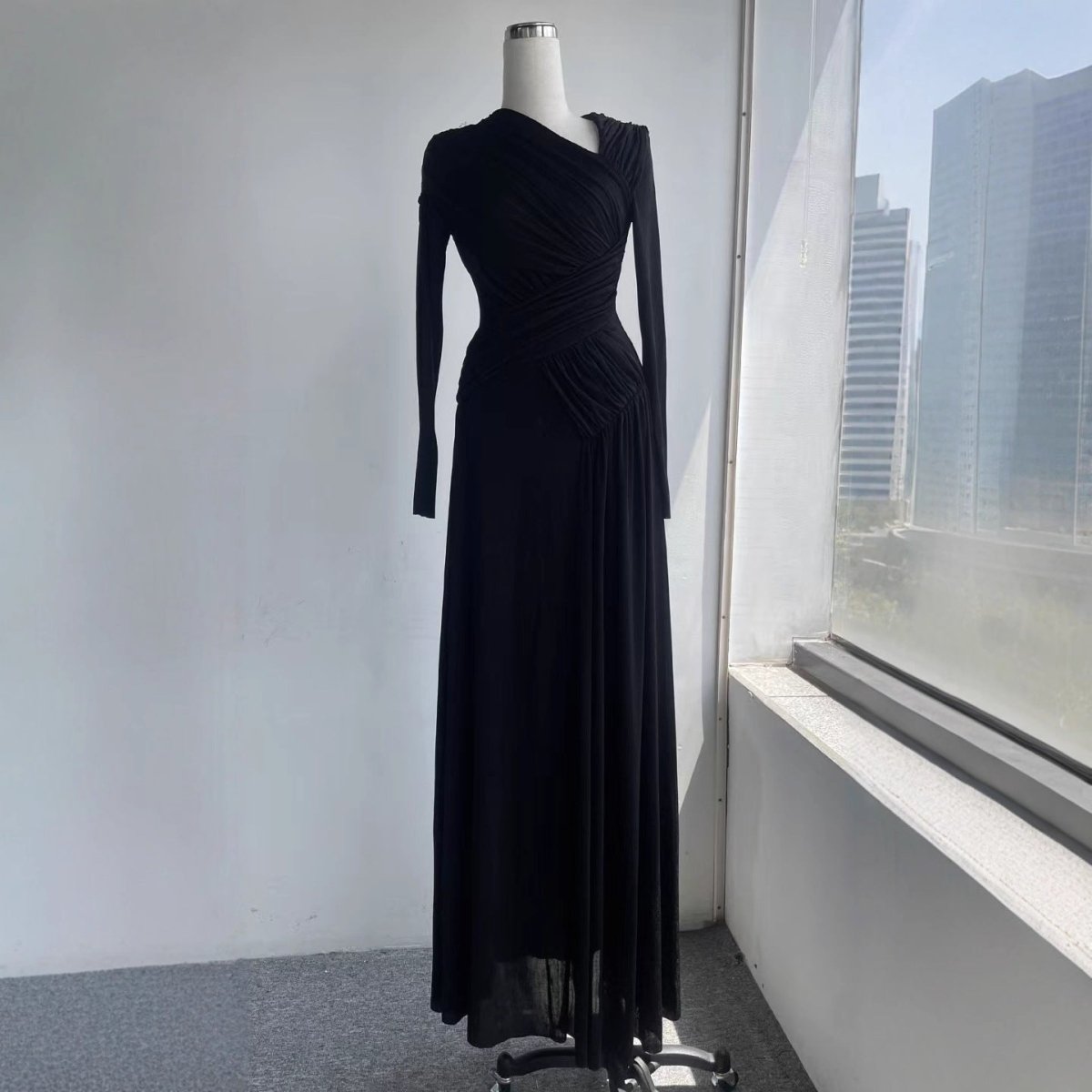 Asymmetric Ruched Gown with Diagonal Draping(MS262) - Mariam's Collection