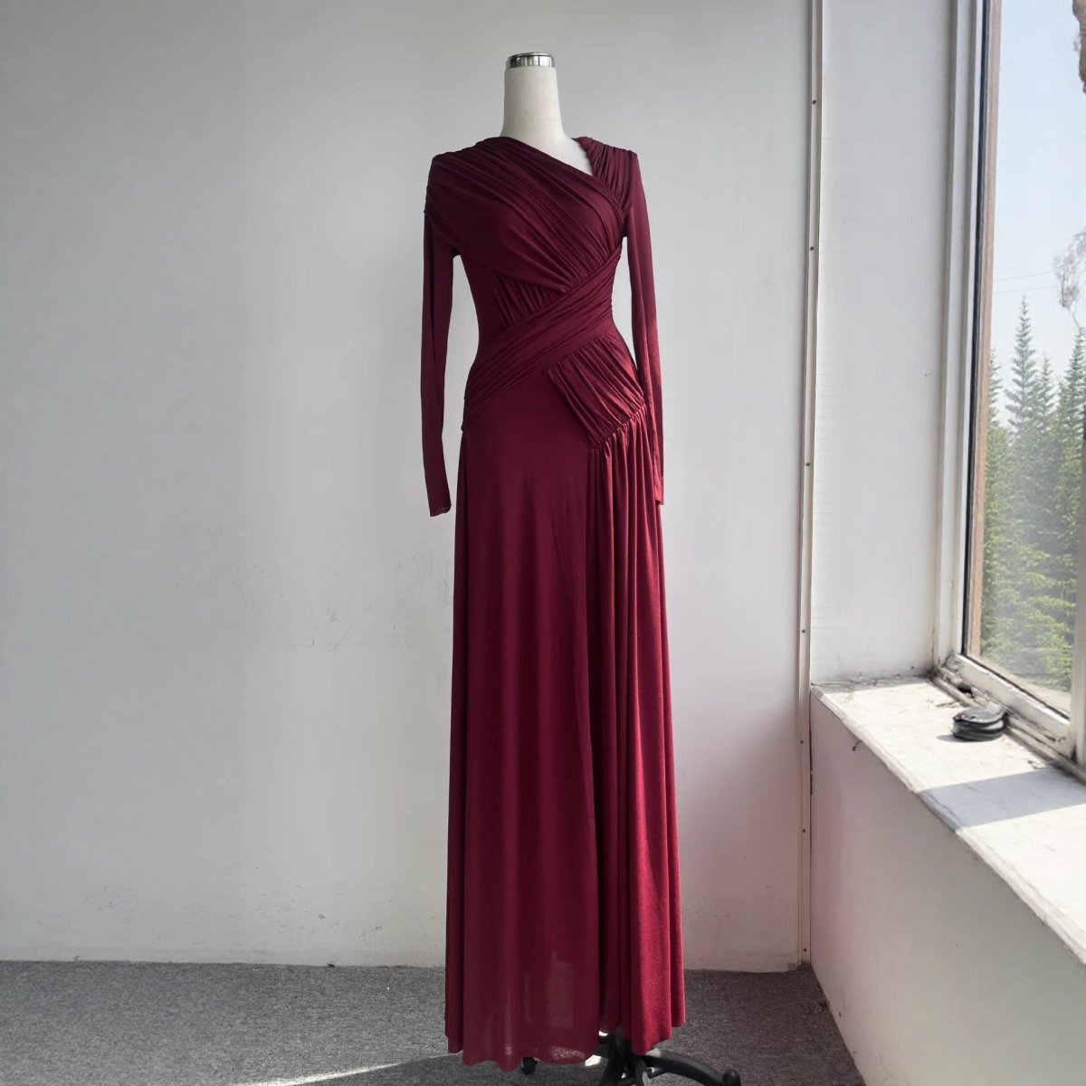Asymmetric Ruched Gown with Diagonal Draping(MS262) - Mariam's Collection