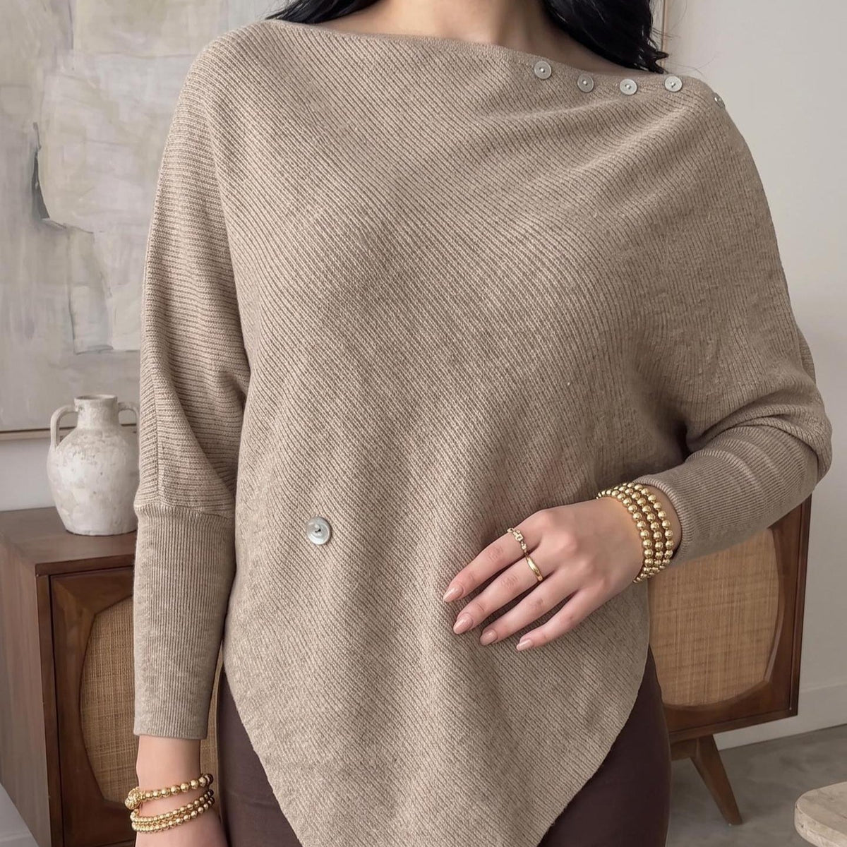 Asymmetric Waist-Detail Knit Top | Long-Sleeve Ribbed Sweater(MS582) - Mariam's Collection