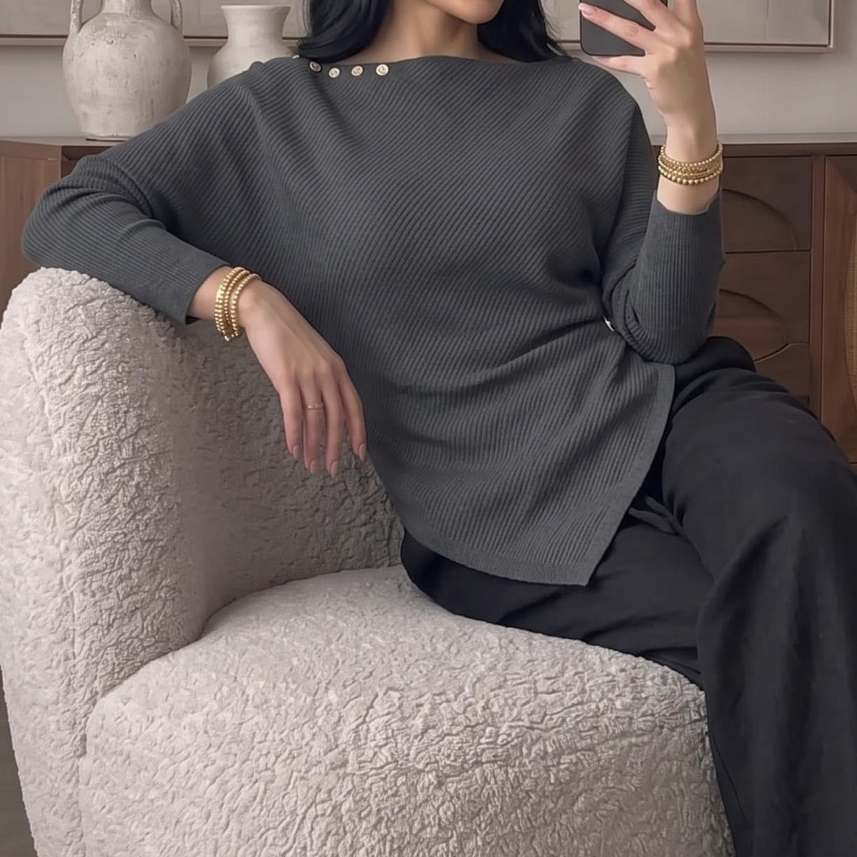Asymmetric Waist-Detail Knit Top | Long-Sleeve Ribbed Sweater(MS582) - Mariam's Collection