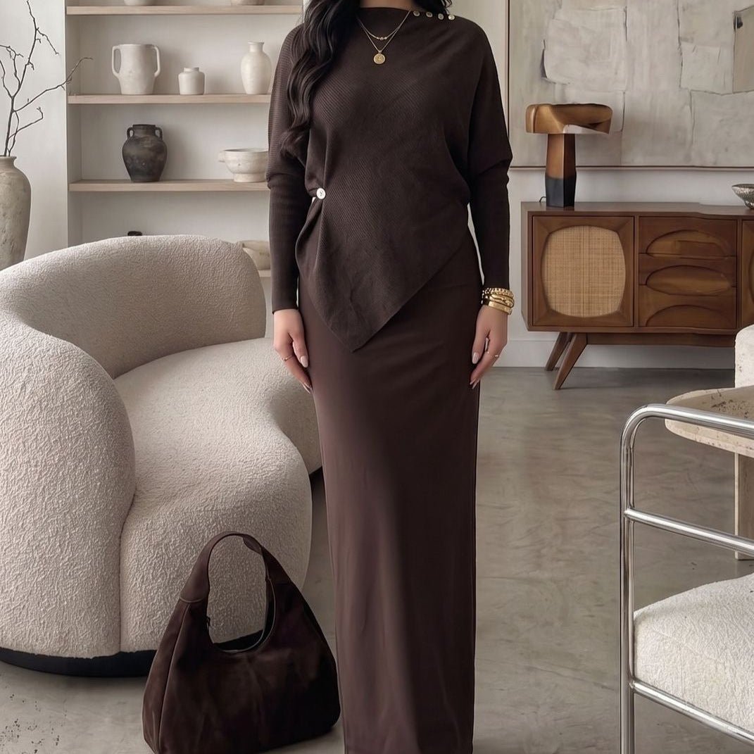 Asymmetric Waist-Detail Knit Top | Long-Sleeve Ribbed Sweater(MS582) - Mariam's Collection