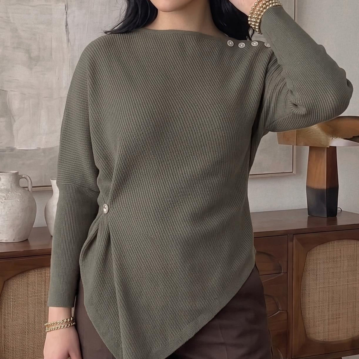 Asymmetric Waist-Detail Knit Top | Long-Sleeve Ribbed Sweater(MS582) - Mariam's Collection