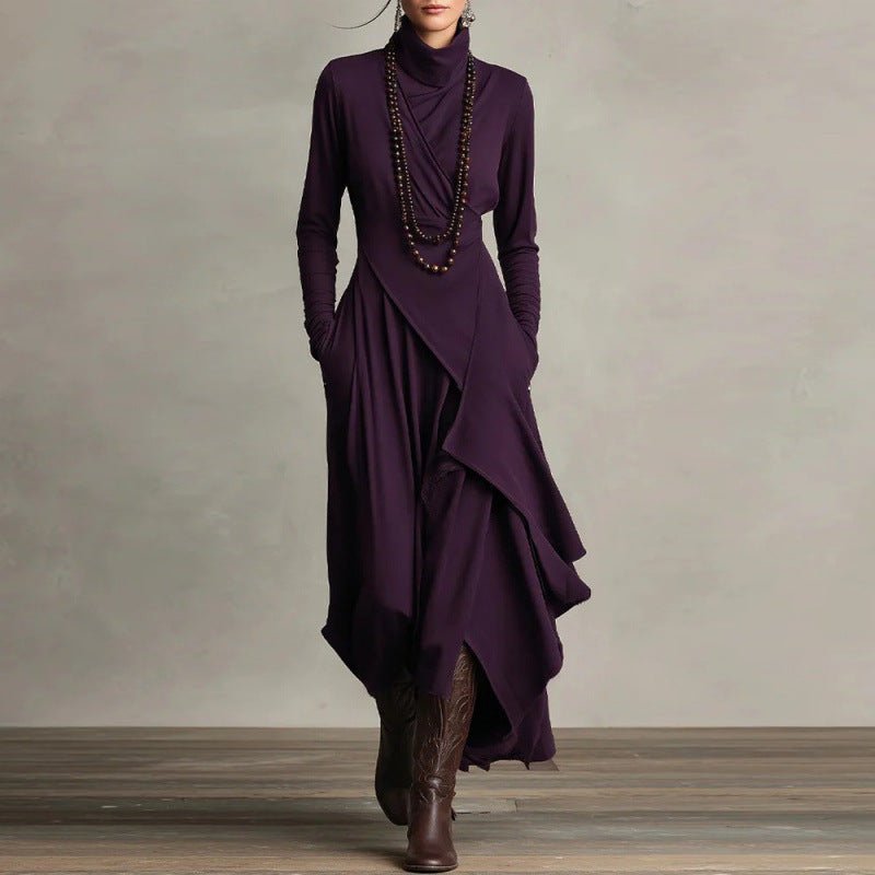 Asymmetric Wrap Gown with Turtleneck | Draped Handkerchief Hem Dress(MS261) - Mariam's Collection
