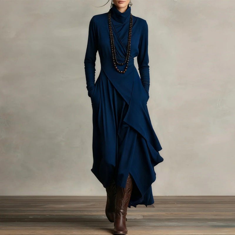 Asymmetric Wrap Gown with Turtleneck | Draped Handkerchief Hem Dress(MS261) - Mariam's Collection