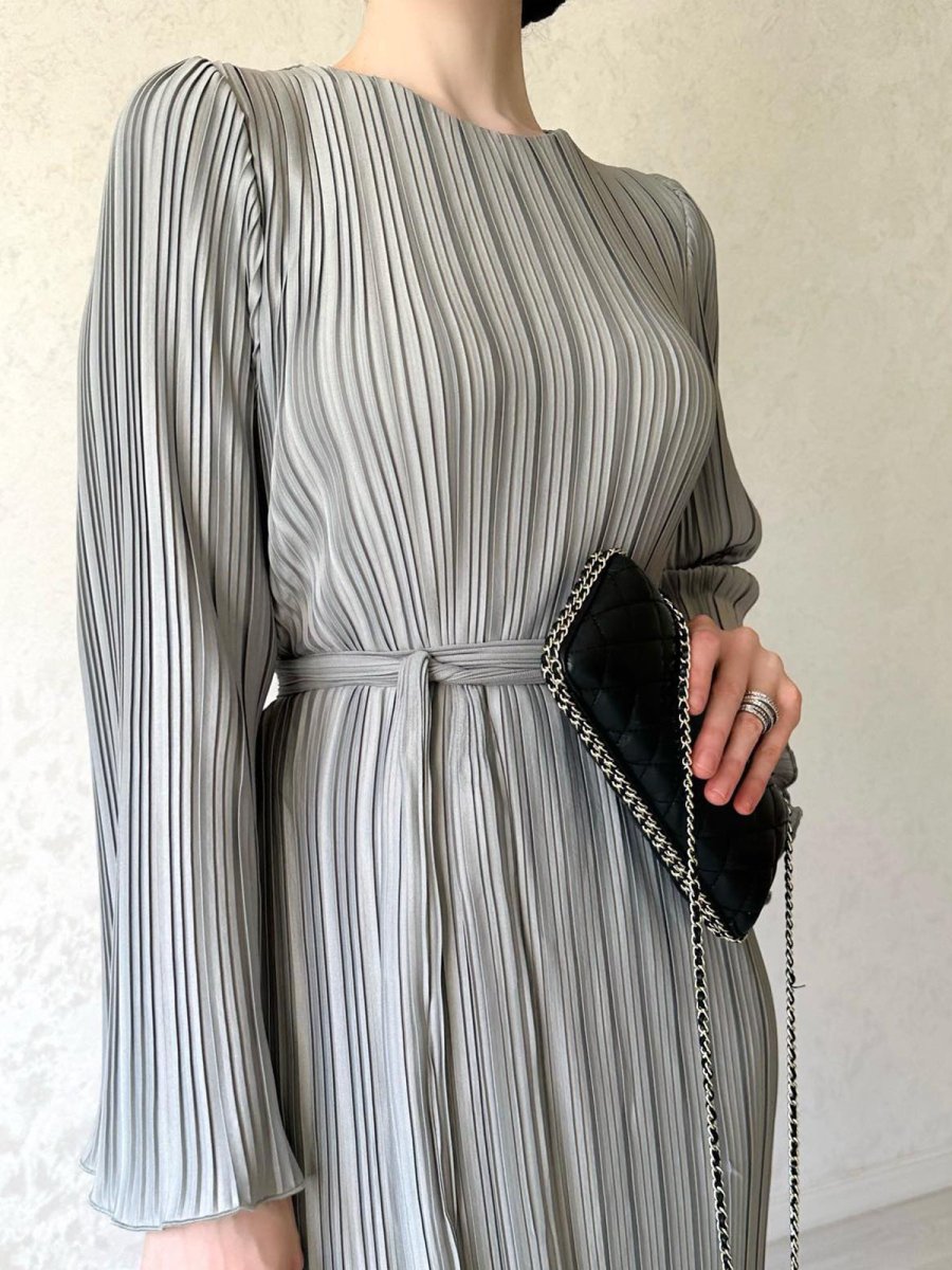 Autumn New Pleated Flared Sleeve Wedding Guest Dress Abaya with Belt. (MA193) - Mariam's Collection