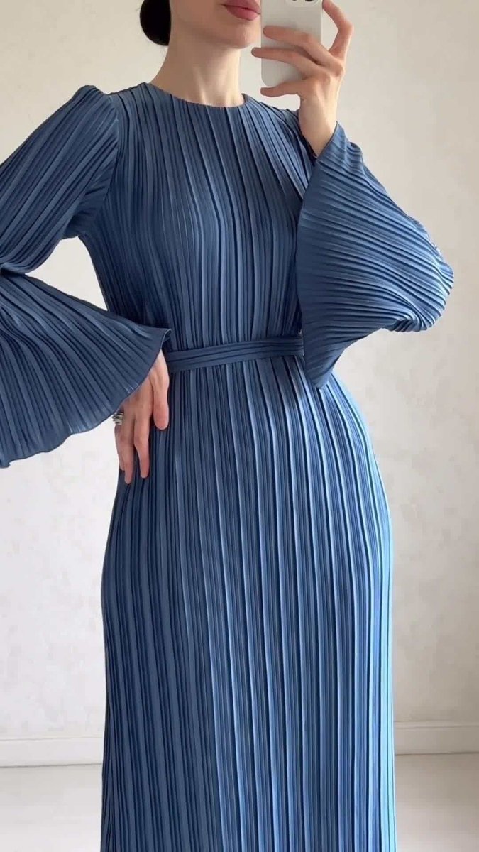 Autumn New Pleated Flared Sleeve Wedding Guest Dress Abaya with Belt. (MA193) - Mariam's Collection