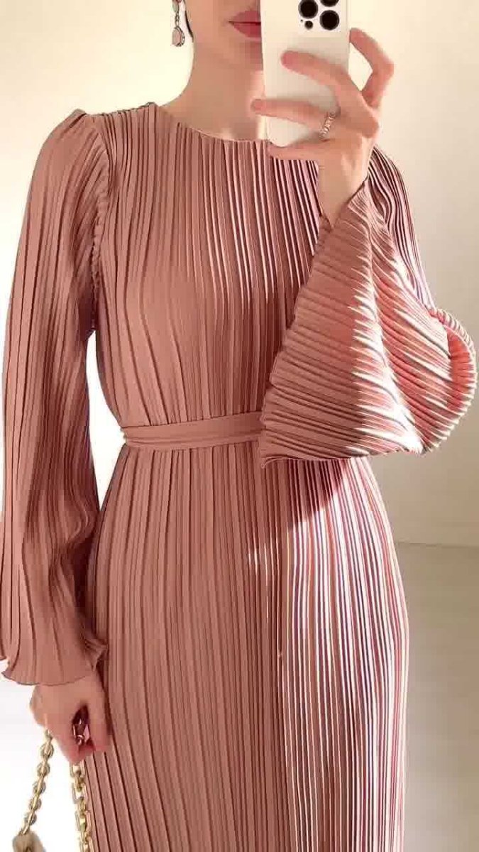Autumn New Pleated Flared Sleeve Wedding Guest Dress Abaya with Belt. (MA193) - Mariam's Collection