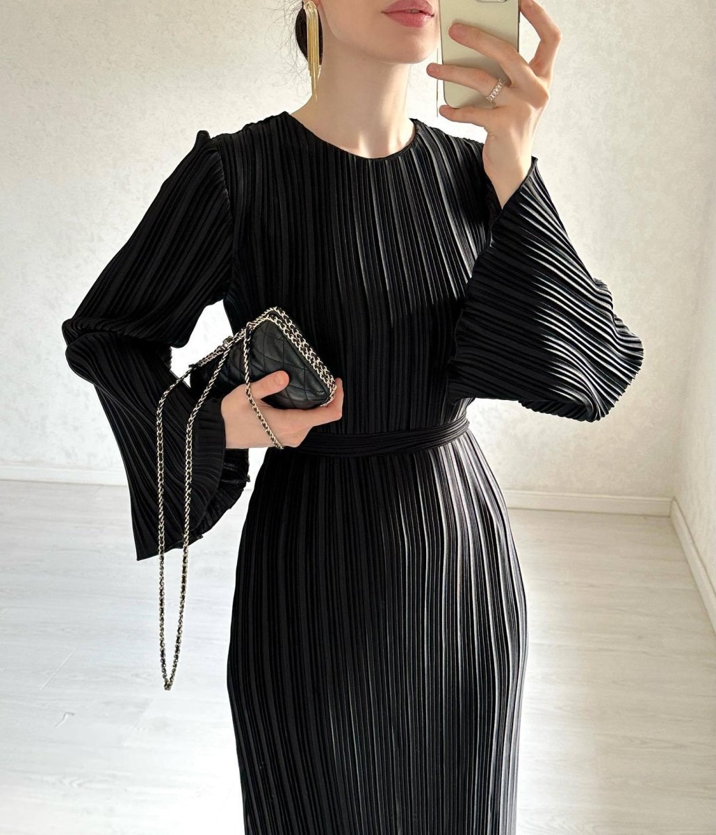 Autumn New Pleated Flared Sleeve Wedding Guest Dress Abaya with Belt. (MA193) - Mariam's Collection