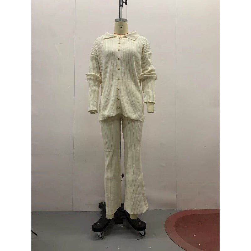 Autumn Winter Knit Two - Piece Set | Button - Up Collar Top & Elastic Waist Pants(MS125) - Mariam's Collection