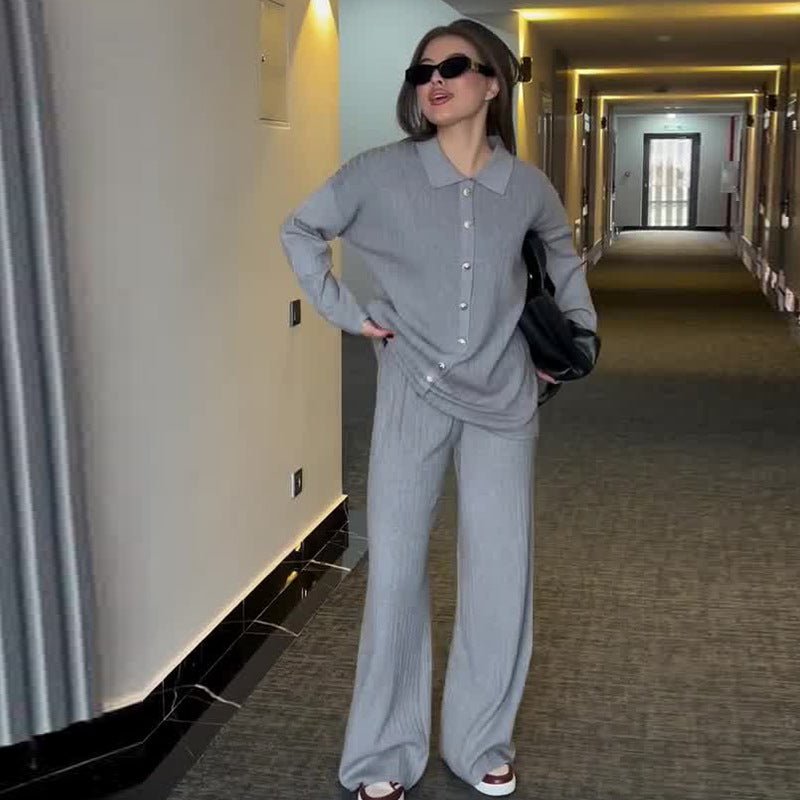 Autumn Winter Knit Two - Piece Set | Button - Up Collar Top & Elastic Waist Pants(MS125) - Mariam's Collection