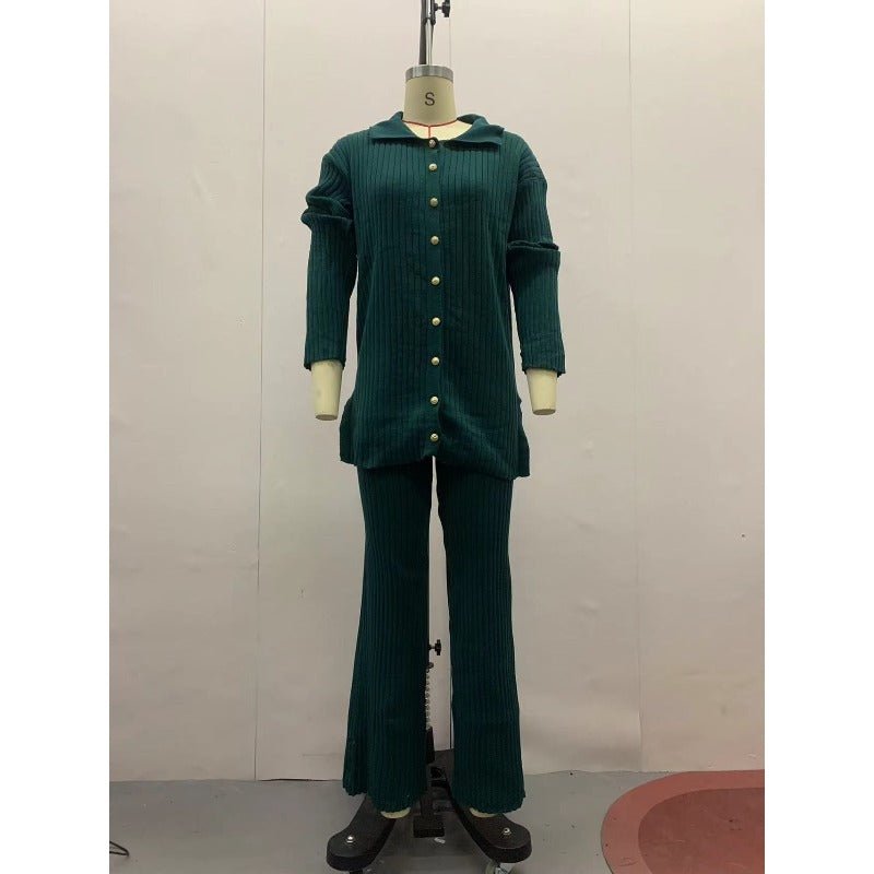 Autumn Winter Knit Two - Piece Set | Button - Up Collar Top & Elastic Waist Pants(MS125) - Mariam's Collection