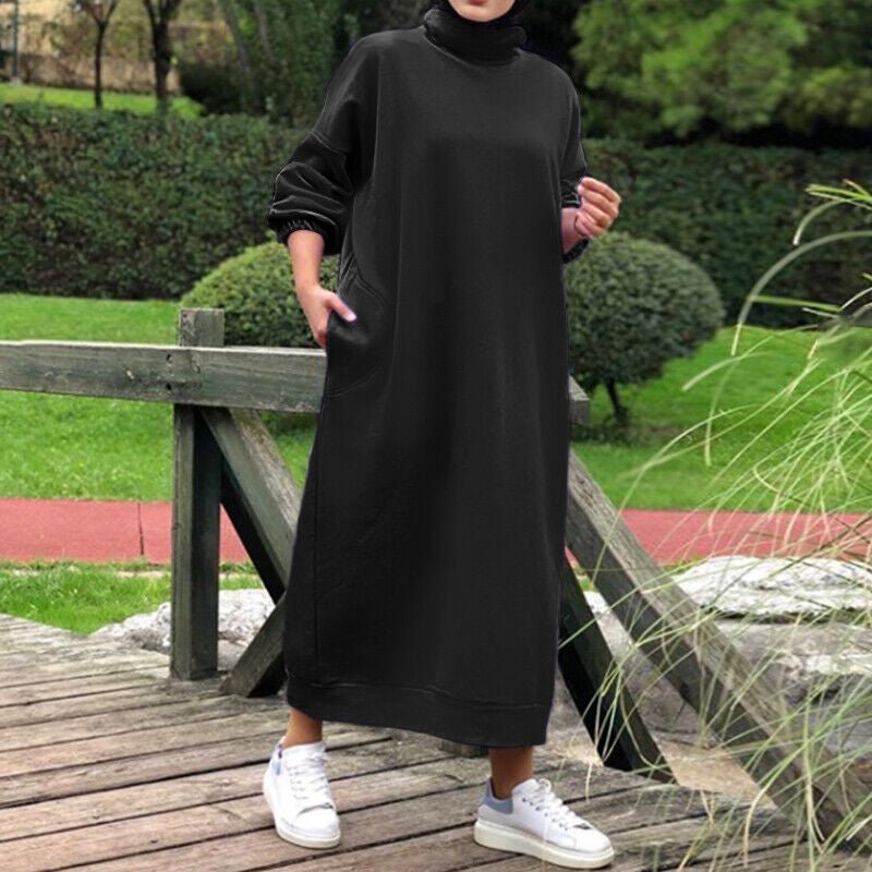 Autumn Winter Lined Turtleneck Maxi Dress | Casual Sweatshirt Dress with Elastic Cuffs (MS138) - Mariam's Collection